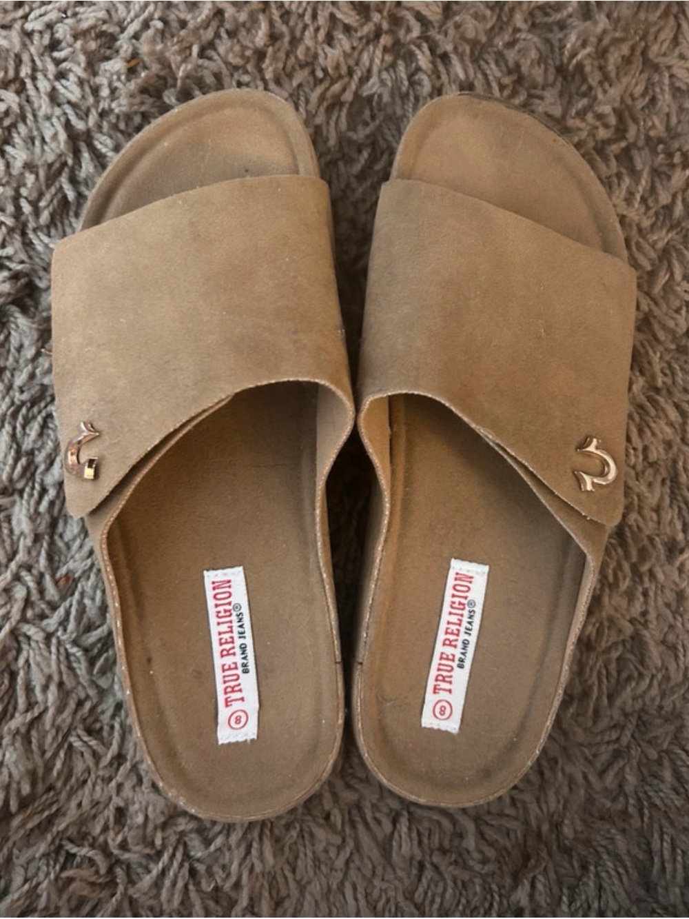 True Religion Suede Slide Sandals in Tan